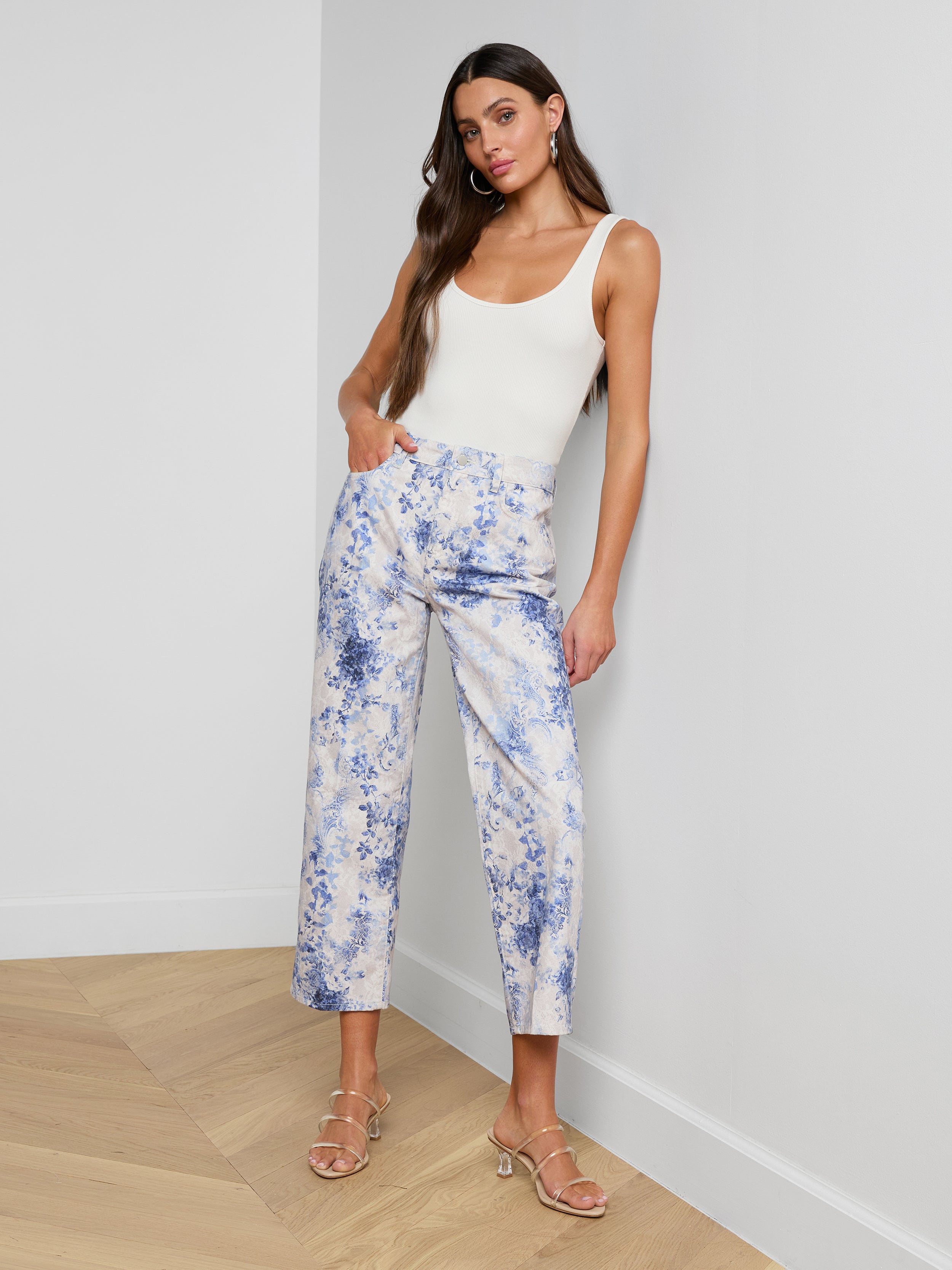 June Cropped Stovepipe Jean In Ivory/blue Watercolor Lace Paisley