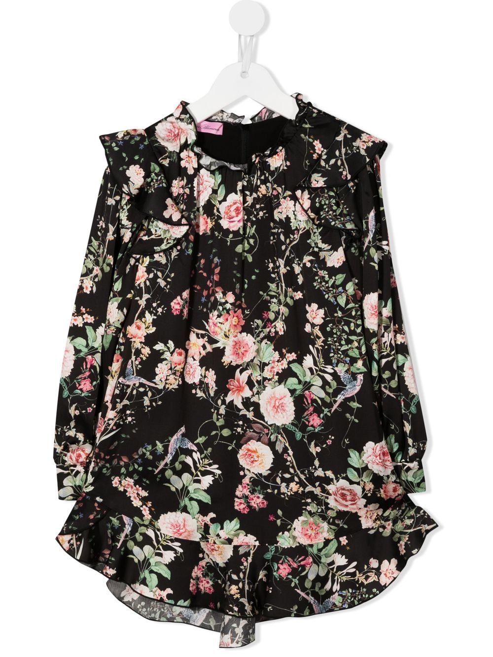 Floral-print ruffle-trim dress - Black