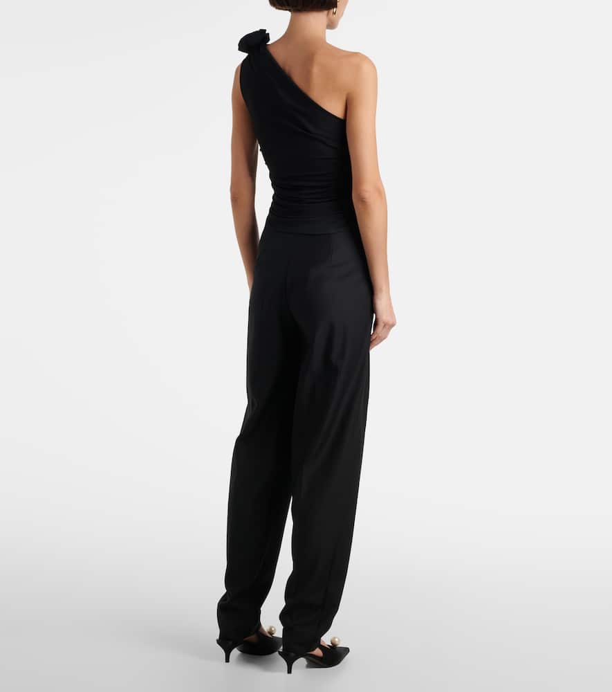 Floral-appliqué one-shoulder jersey top