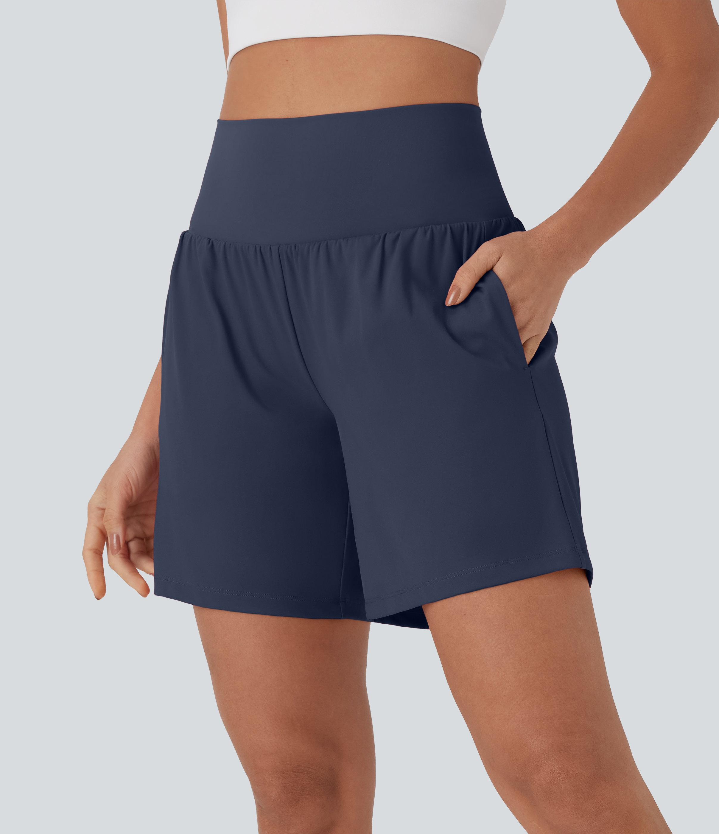 "SoftlyZero™ Airy Super High Waisted 2-in-1 Cool Touch Yoga Shorts 7"" with Pockets Gym Short - Mood Indigo