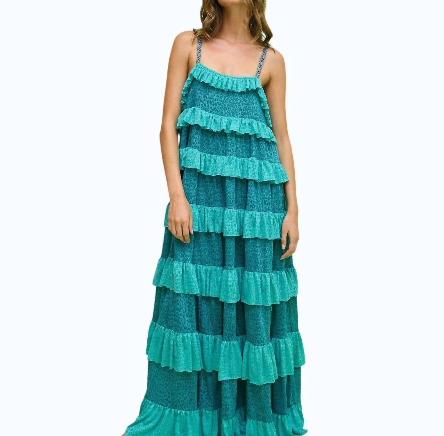 Colorblock Tiered Ruffle Dress In Teal