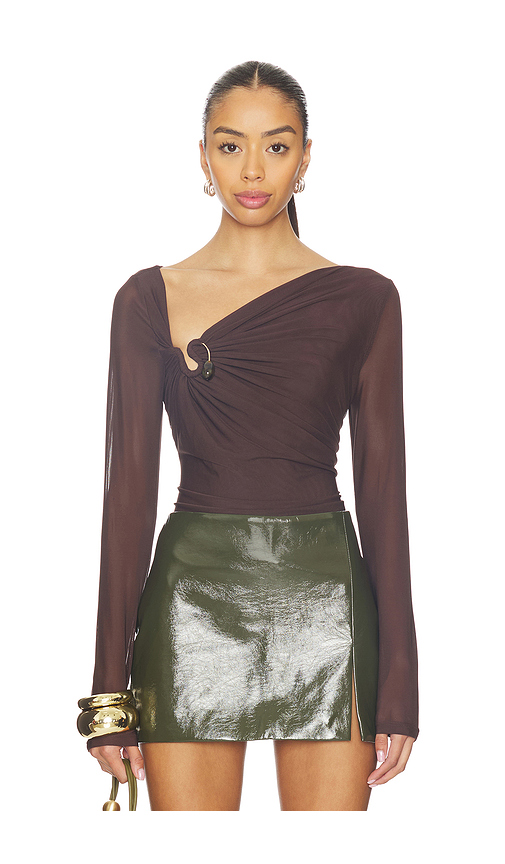Bardot Marisol Asymmetric Mesh Top in Chocolate. S. Also in L, M