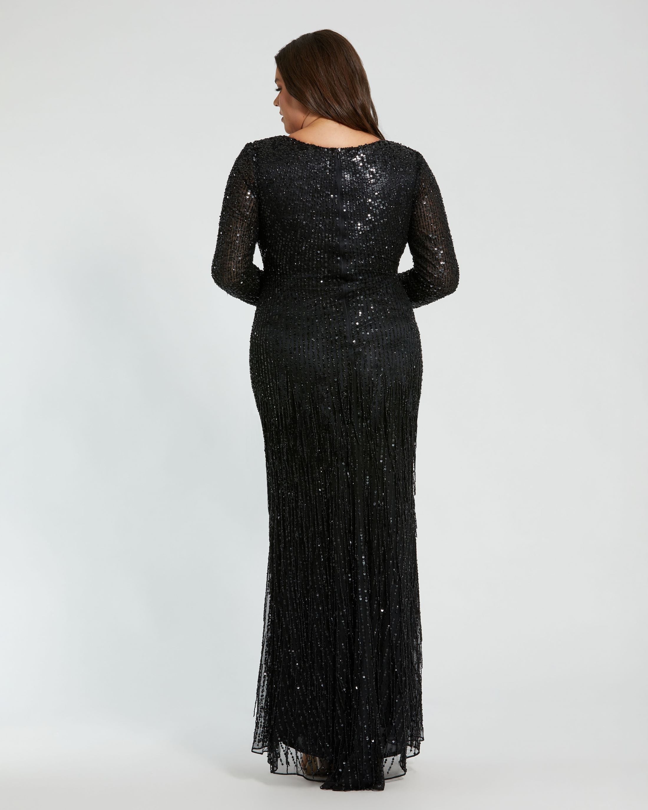 Plus Size Long Sleeve V-Neck Beaded Fringee Maxi Gown In Black