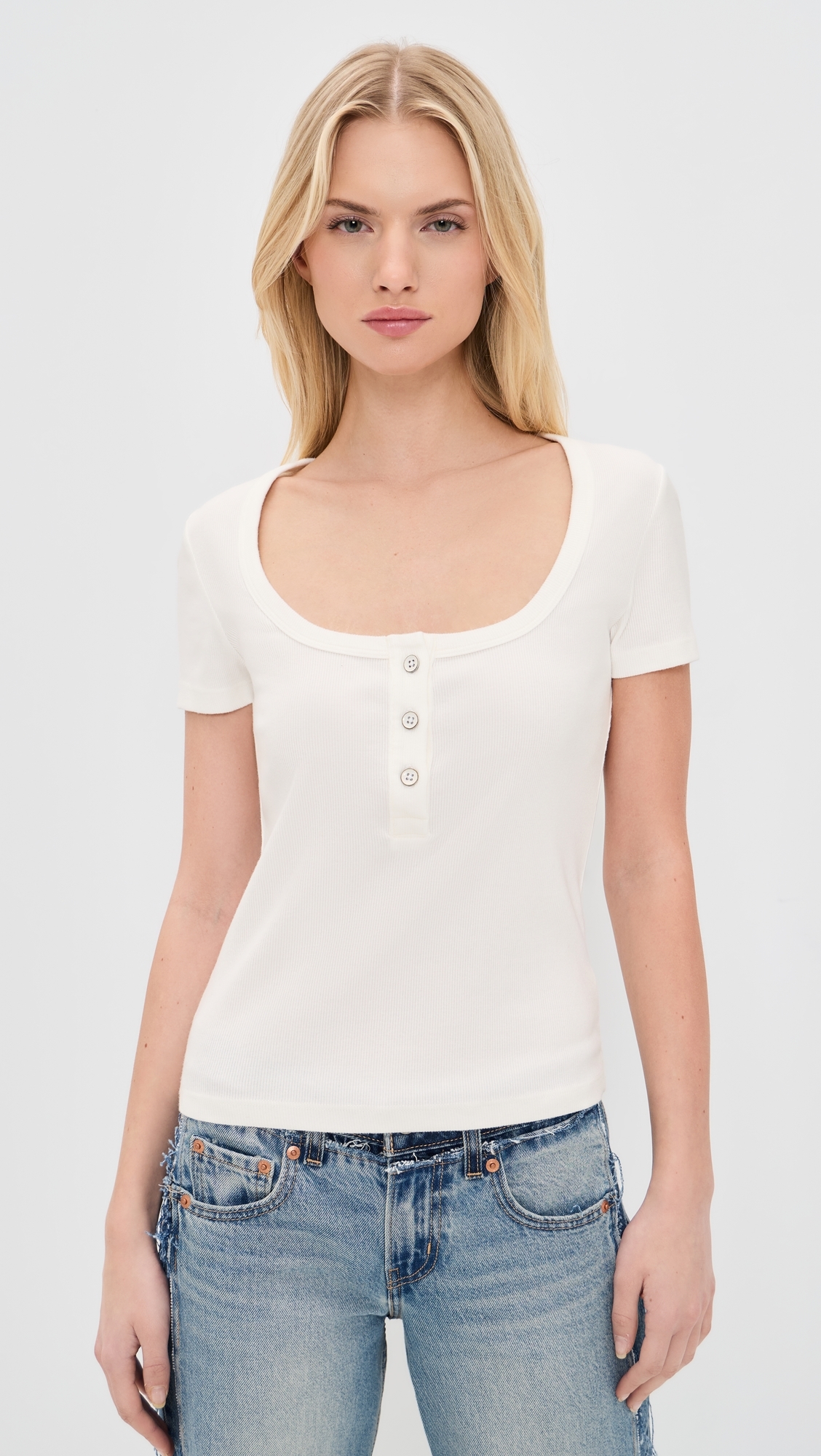 Scoop Neck Henley Tee 100 Ivory