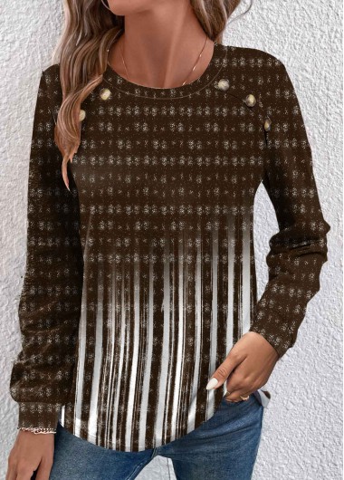 Modlily Dark Camel Button Ombre Long Sleeve T Shirt