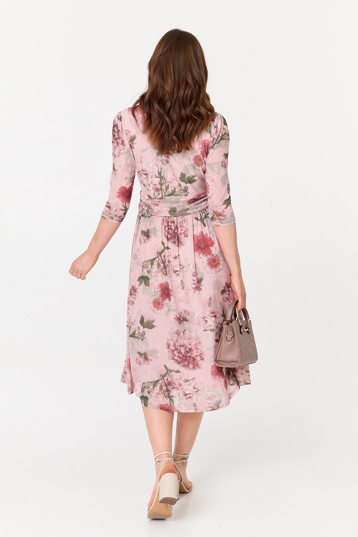 Izabel London Floral 3/4 Sleeve Wrap Front Midi Dress In Pink