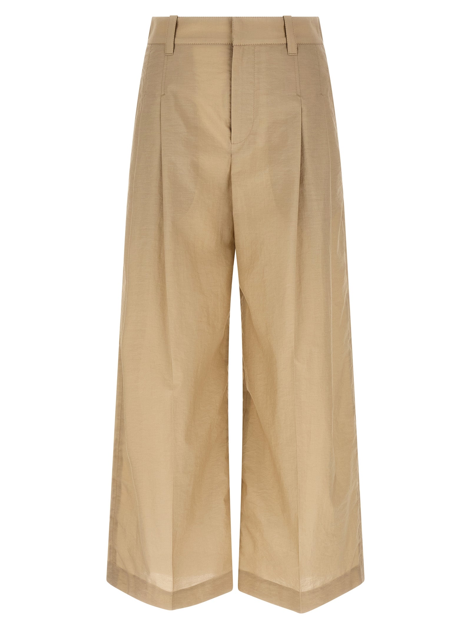 Pleated Cotton Poplin Trousers — Beige