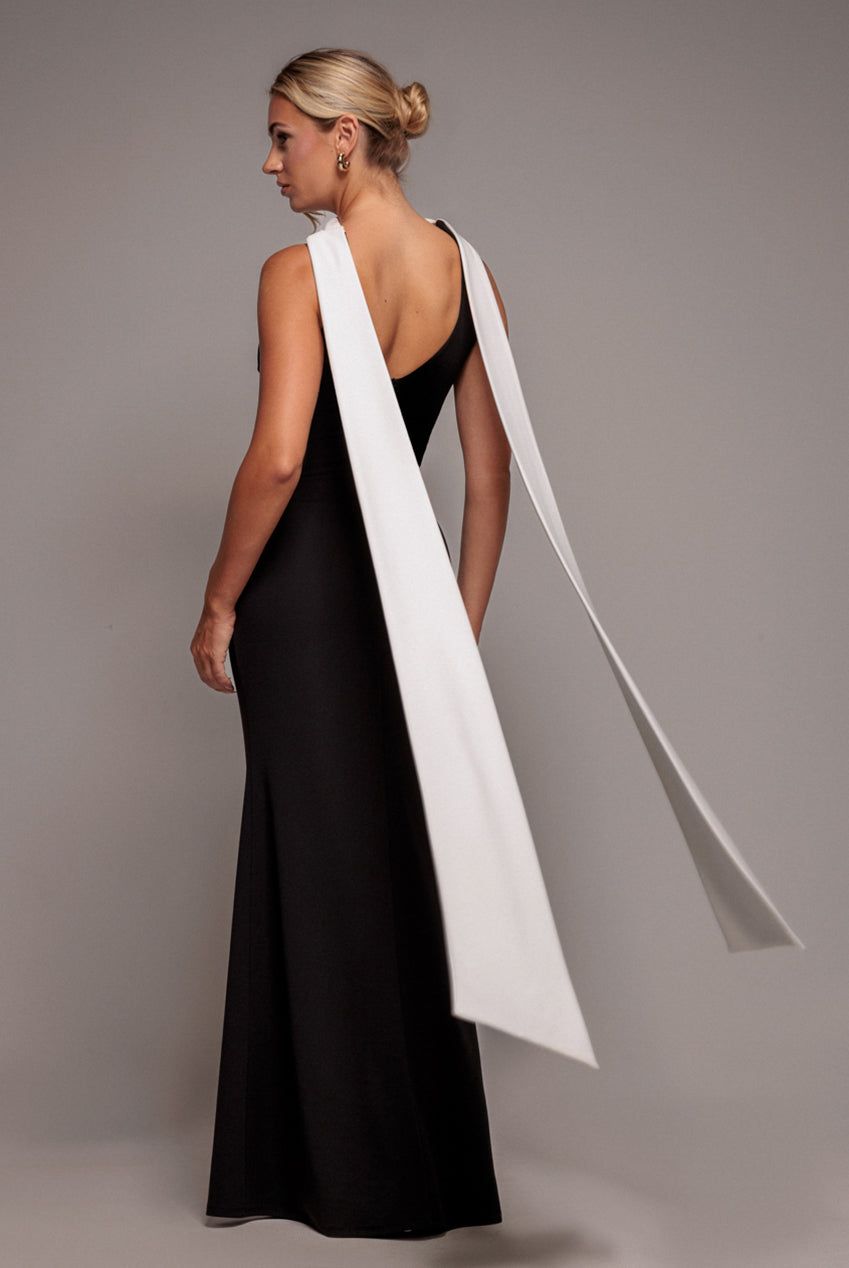 Goddiva Women's Contrast Crepe Halterneck Maxi Dress w/ Sash in Black