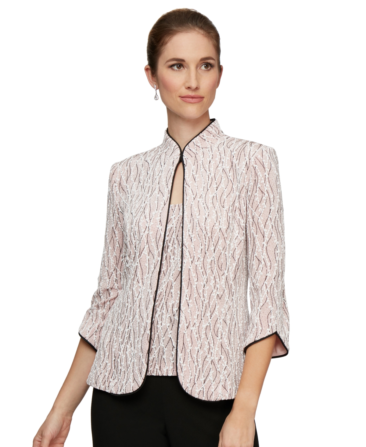 Printed Piped 3/4-Sleeve Two-Piece Glitter Top & Jacket - Light Pink