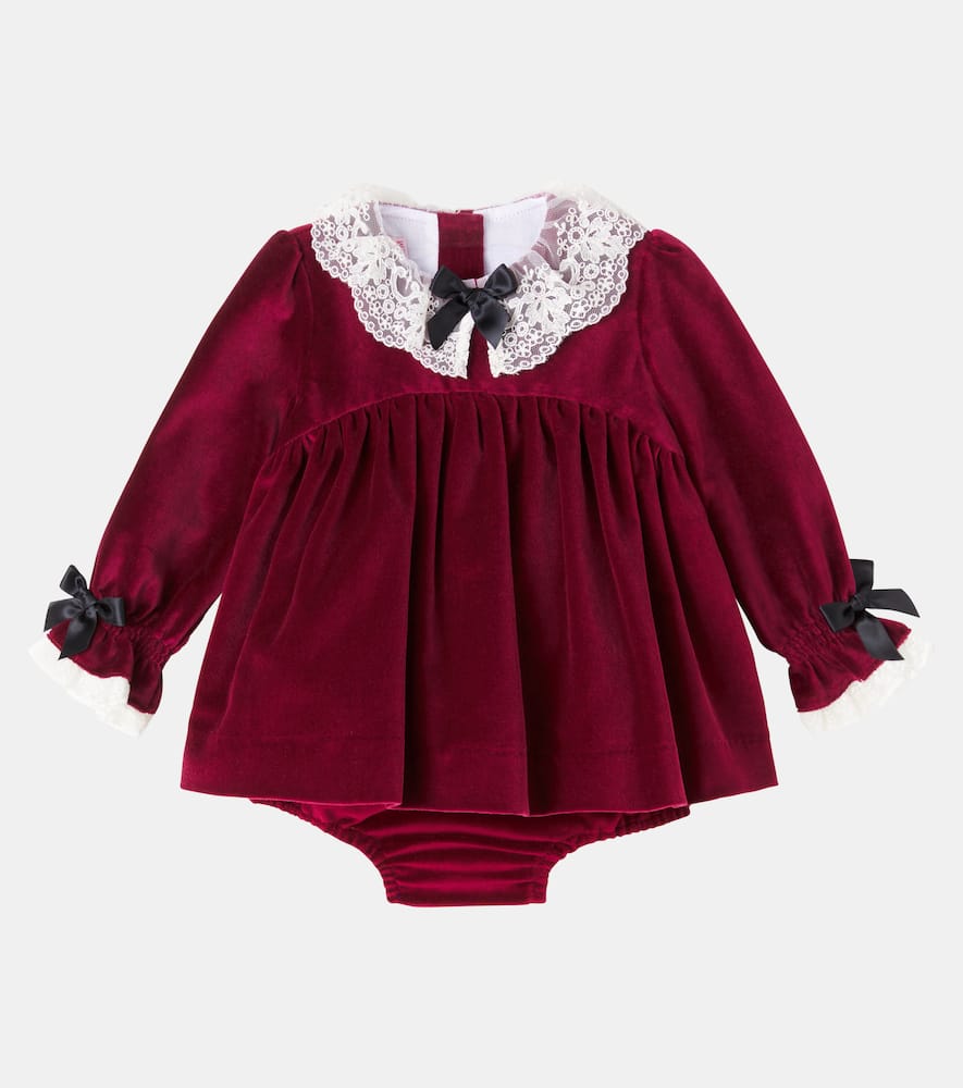 Baby lace-trimmed velvet dress and bloomers set