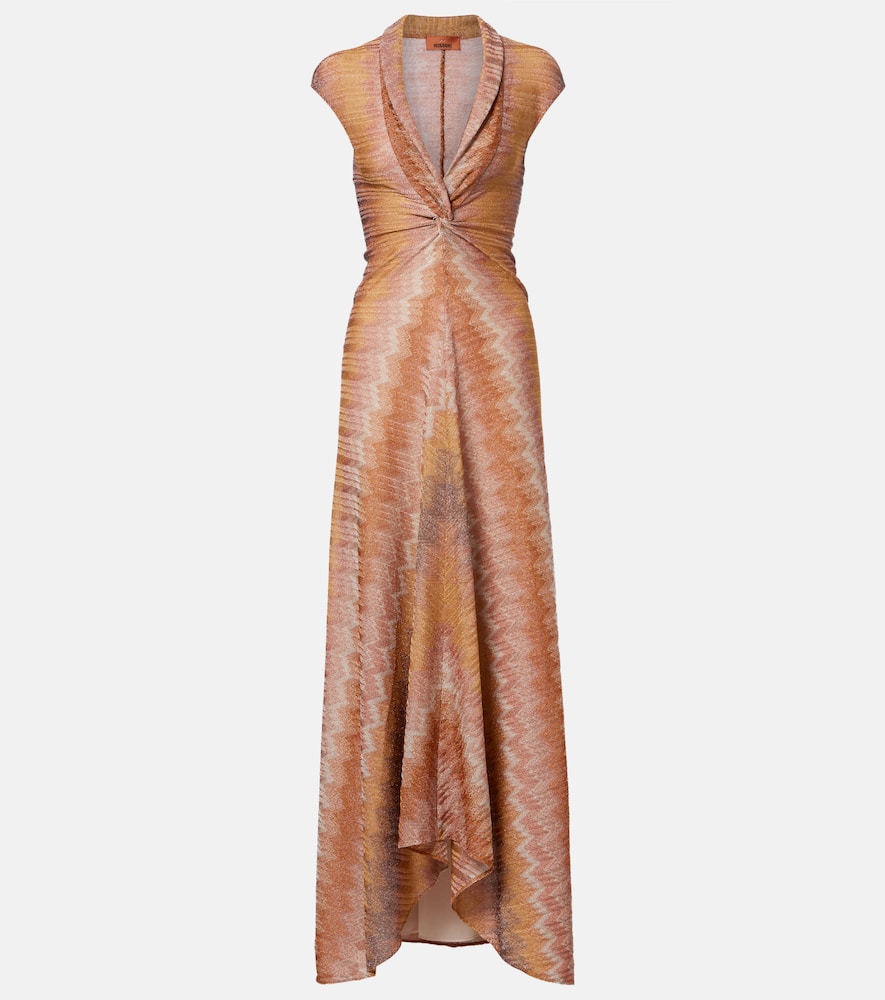Gathered asymmetric lamé maxi dress