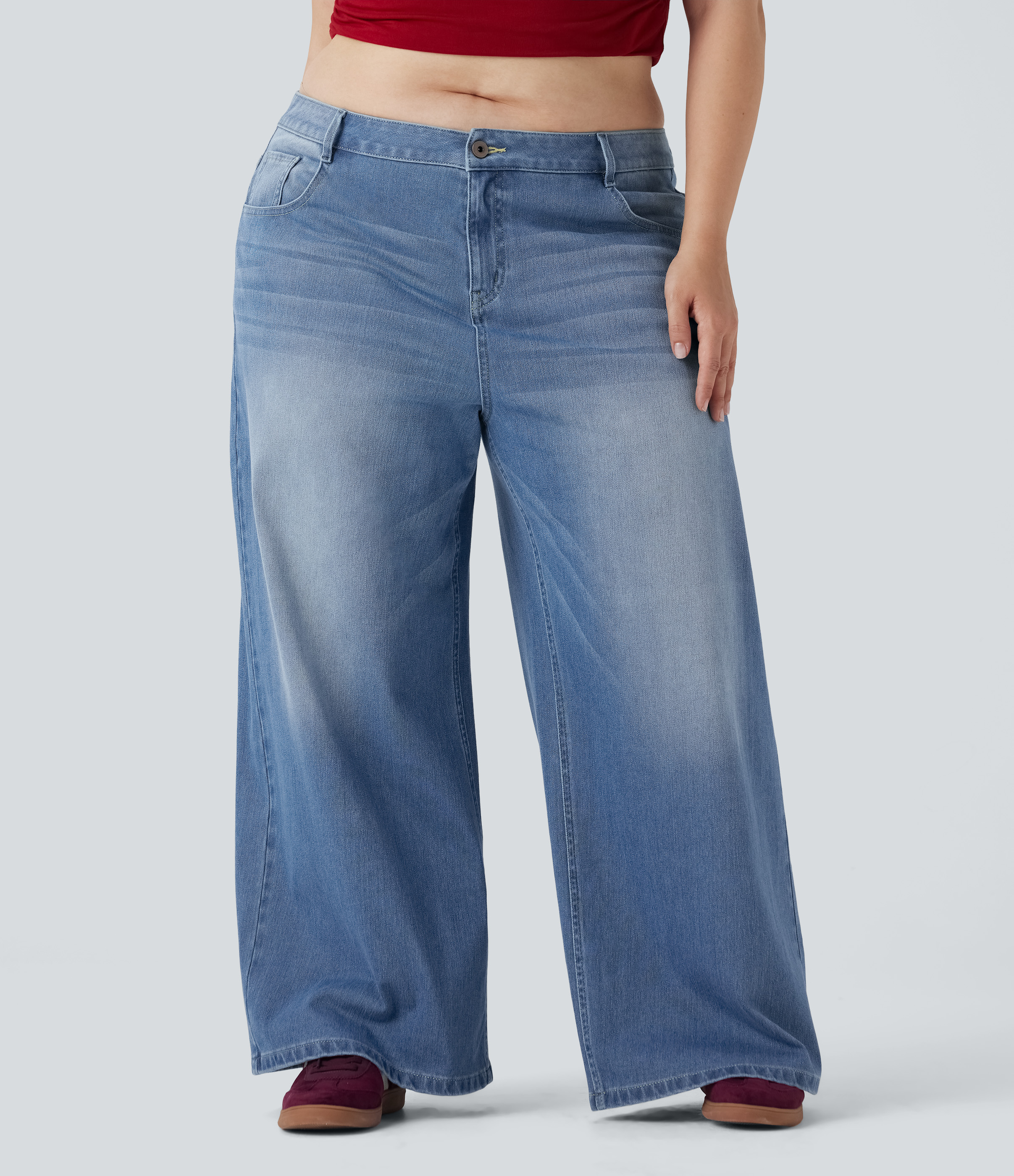 Plus Size Flex™ Low Rise Wide Leg Washed Casual Jeans with Pockets  - Blue Spruce Denim