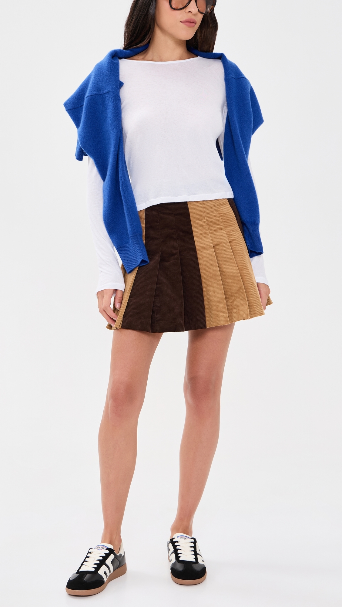 Mixed Corduroy Pleated Skirt Brown