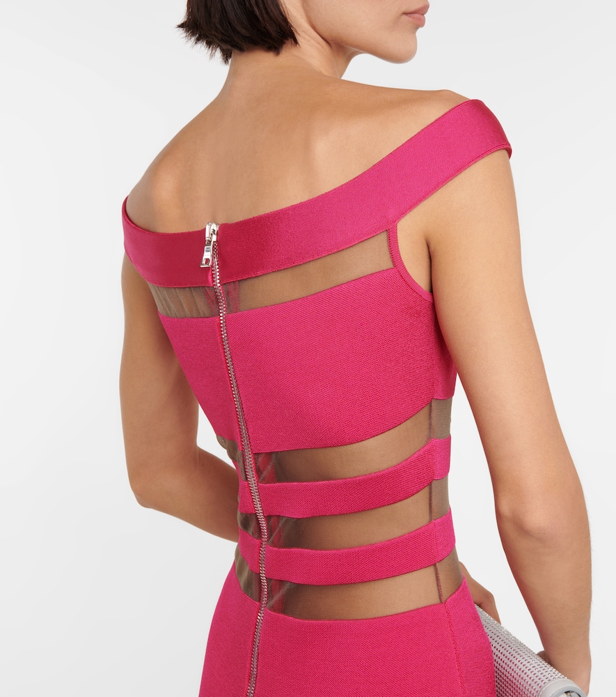 Off-shoulder mesh-paneled minidress