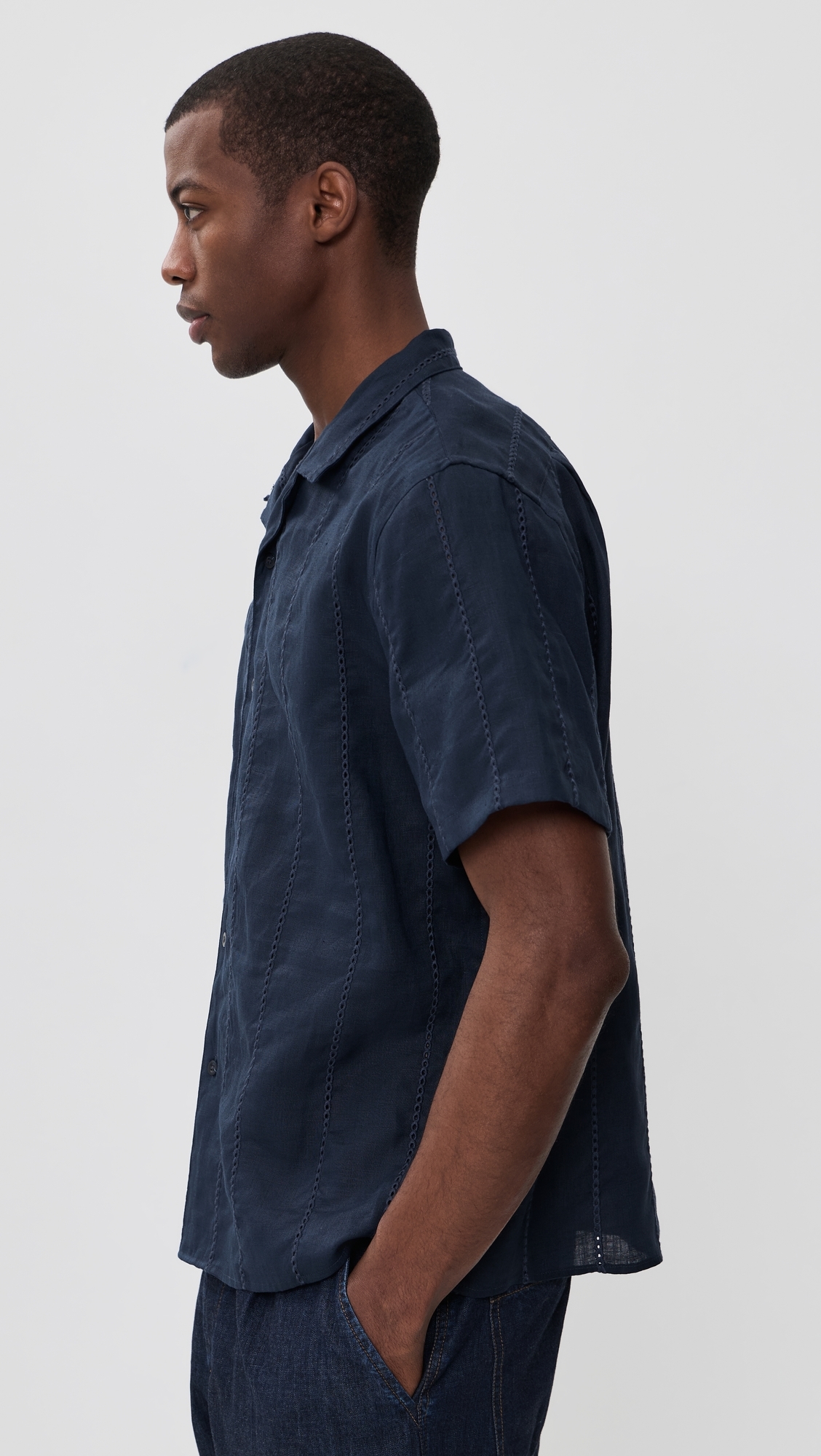 Linen Eyelet Stripe Short Sleeve Cabana Shirt Coastal