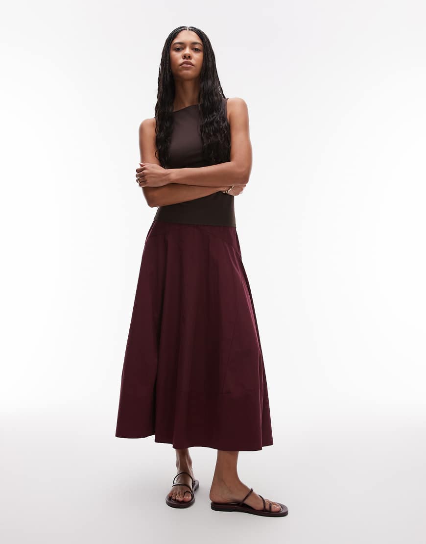 Drop waist spliced maxi skirt in burgundy-Red