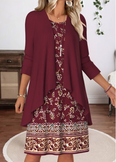 Modlily Wine Red Tummy Coverage Floral Print Dress and Cardigan