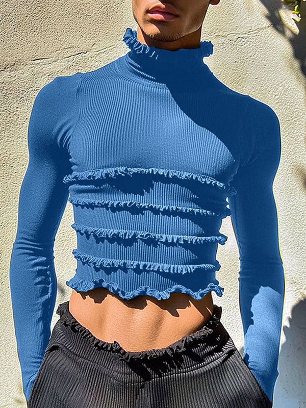Mens Ruffle Collar Fitted Knit Long Sleeve T-Shirt SKUK83092 - Blue / S