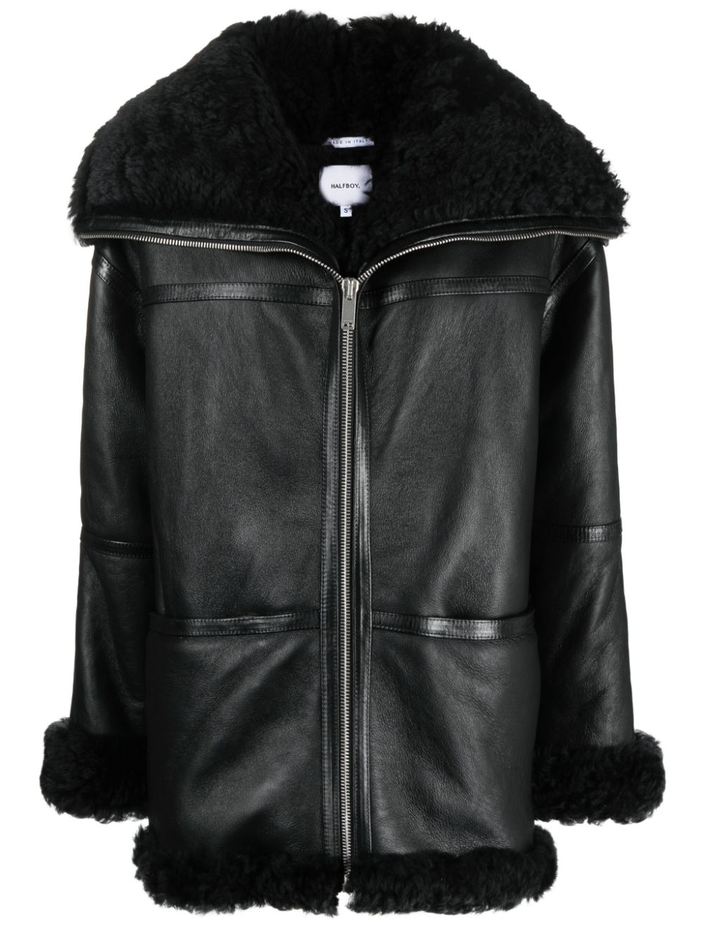 Panelled zip-up leather jacket - Black