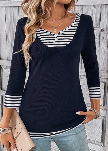 Modlily Navy Fake 2in1 Striped T Shirt