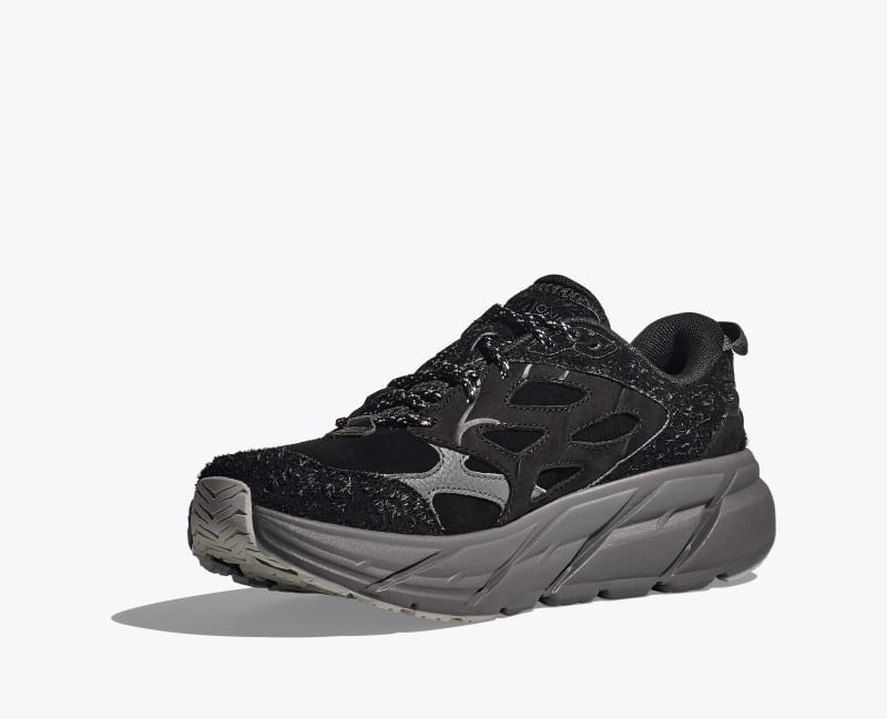 HOKA Elite Terrain System Clifton L Suede Shoes in Black/Satellite Grey