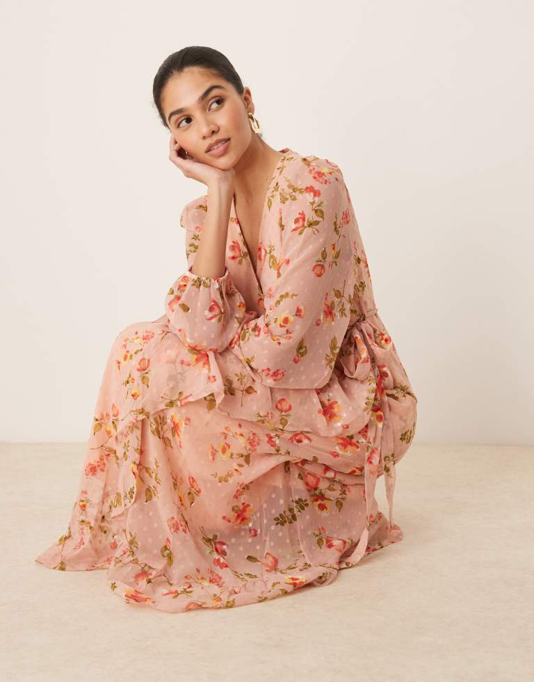 Vila Womens dobby wrap maxi dress with frill detail in rose floral print - Pink