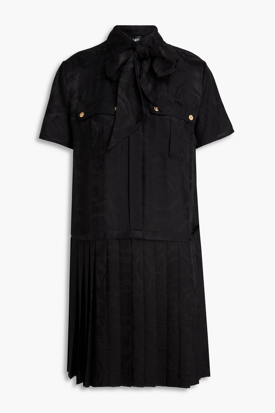 Pussy-bow pleated satin-jacquard mini dress - Black - IT 38