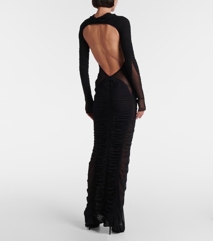 Ruched open-back mesh gown