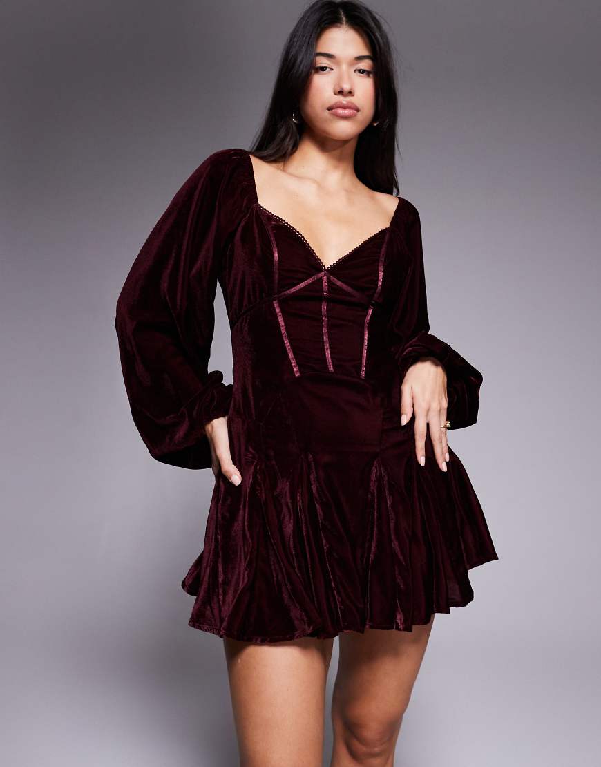 Velvet corset detail blouson sleeve mini dress in burgundy-Red