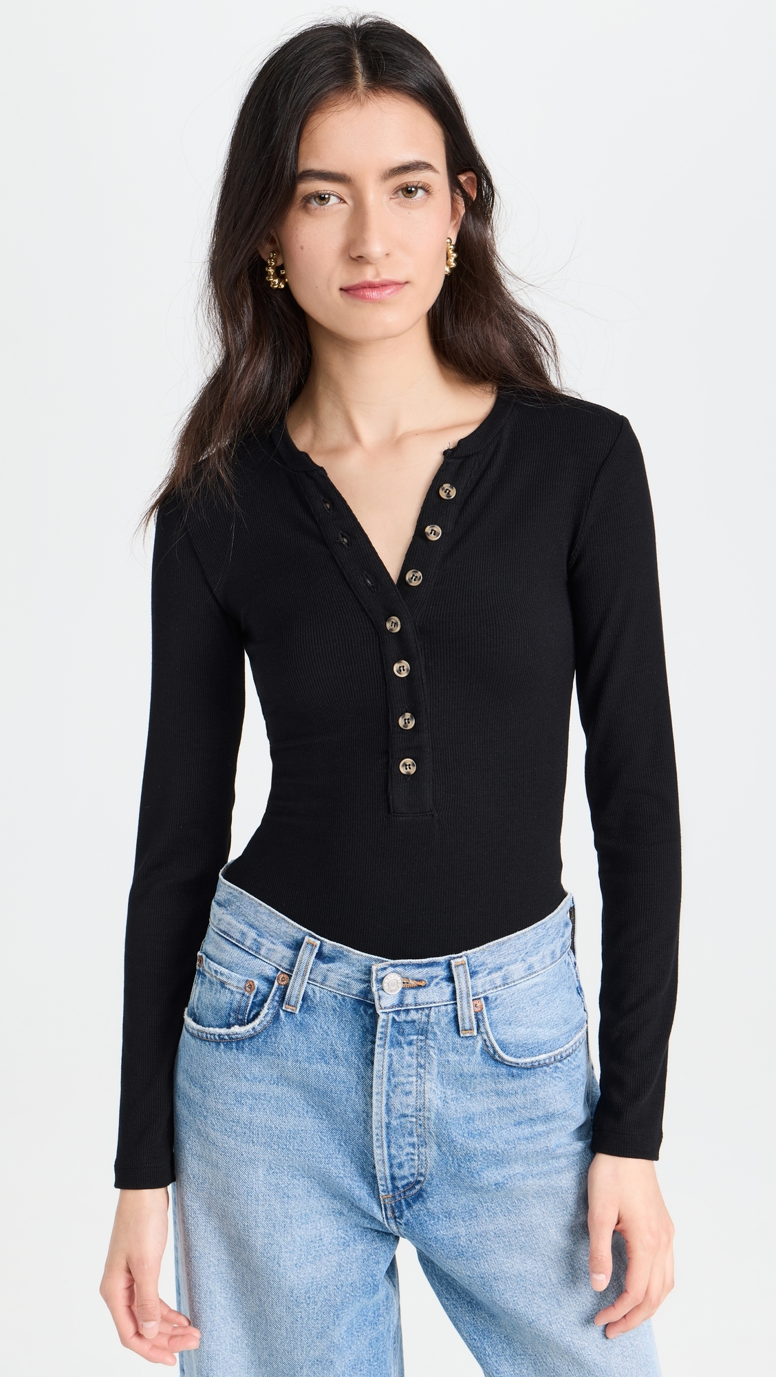 Ambitionist 여성 Button Up Ribbed Henley Thong Bodysuit Black