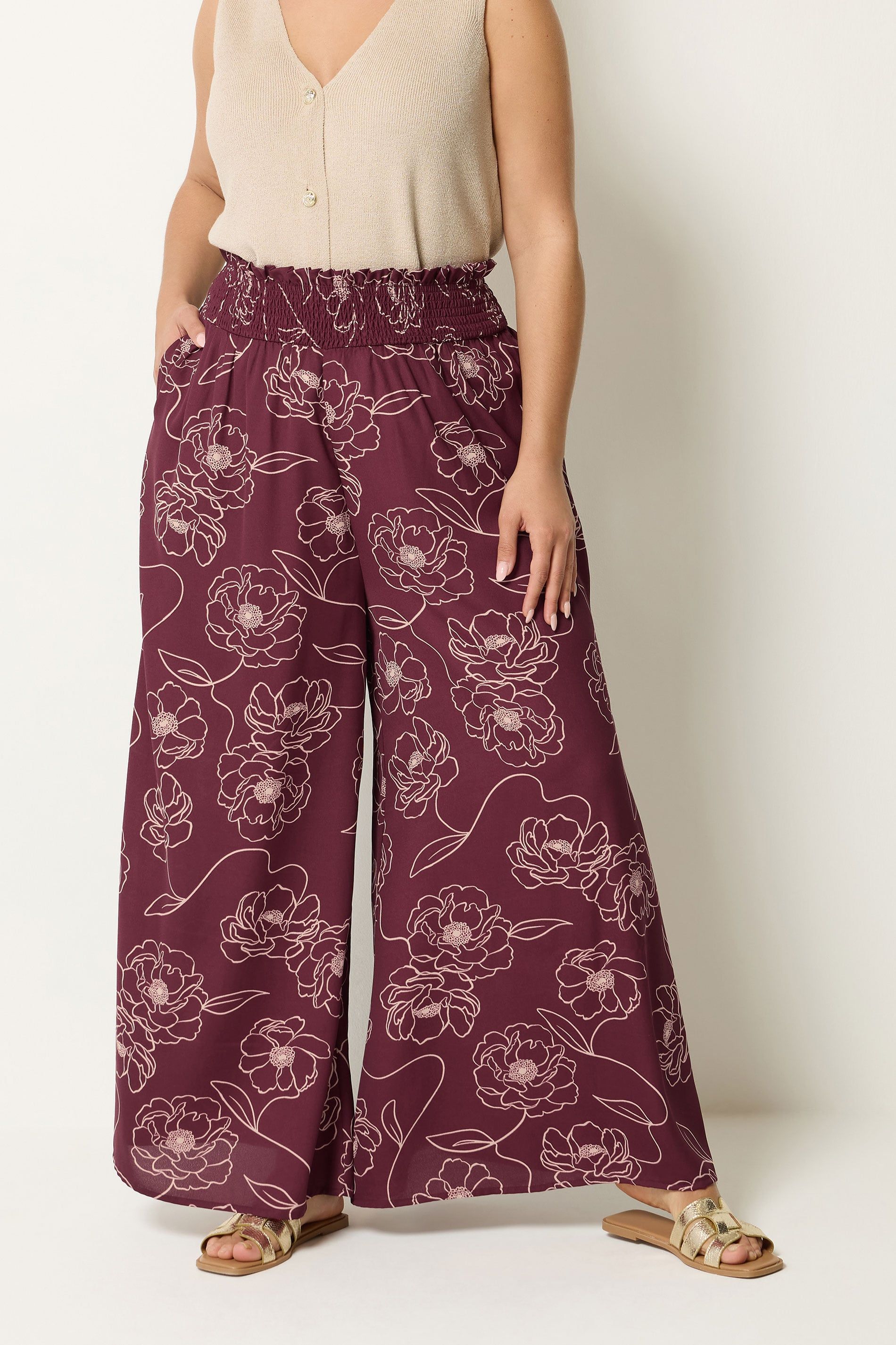 Yours Women's Floral Wide Leg Trousers in Burgundy