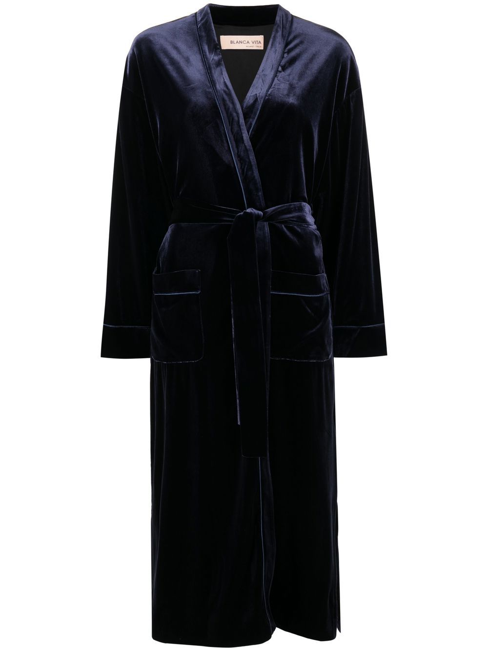 Velvet-effect tie-waist coat - Blue