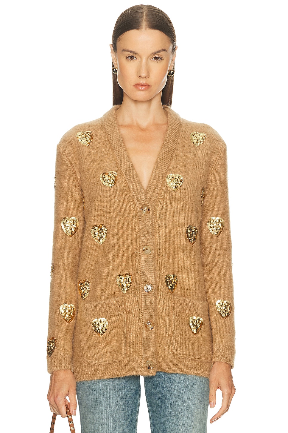 Valentino Embroidered Cardigan in Camello & Gold - Beige. L also in