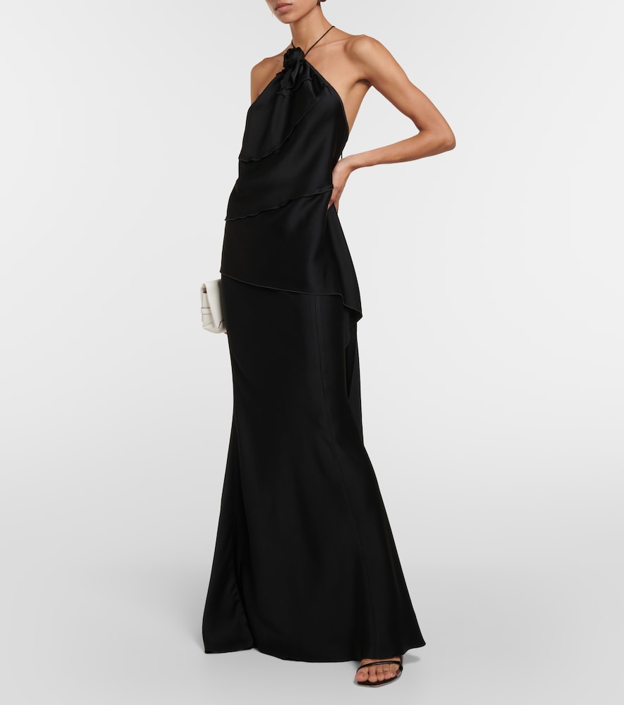 Floral-appliqué draped satin top