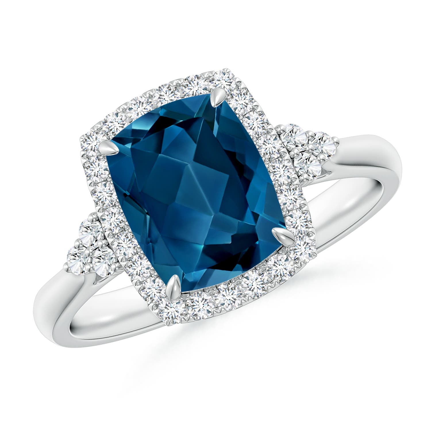 Angara 2.2 Carats Cushion London Blue Topaz Halo Ring with Trio Diamonds in Platinum