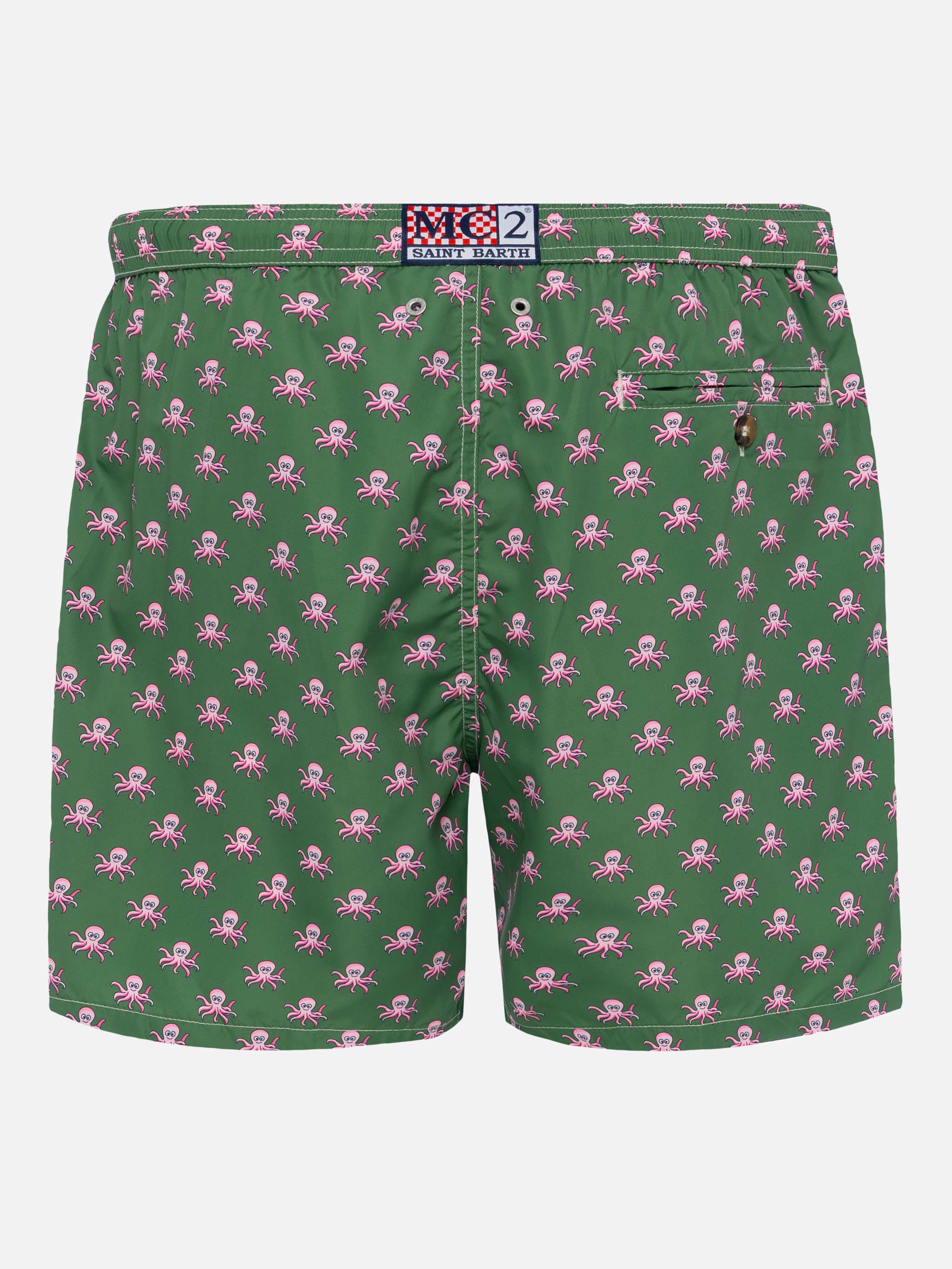 Lightweight Fabric Swim Shorts Lighting With Octopus Print Green Swimshort - Men