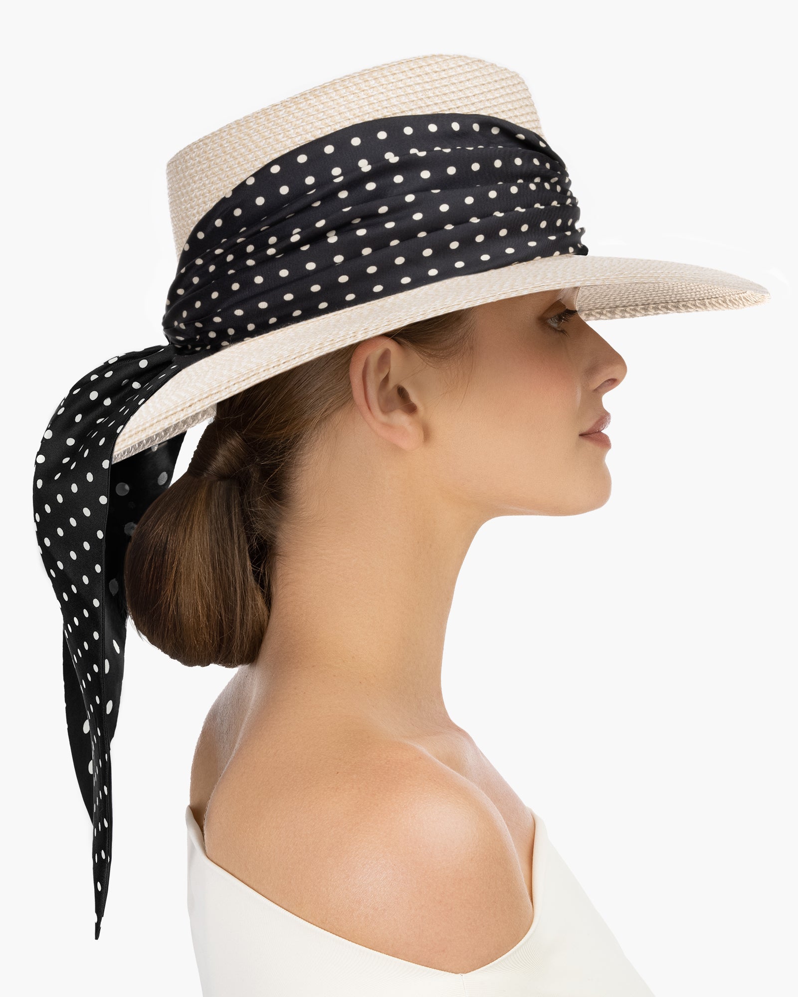 Travel Fedoras with Silk Scarf, Cream/Black Dot, Travel size