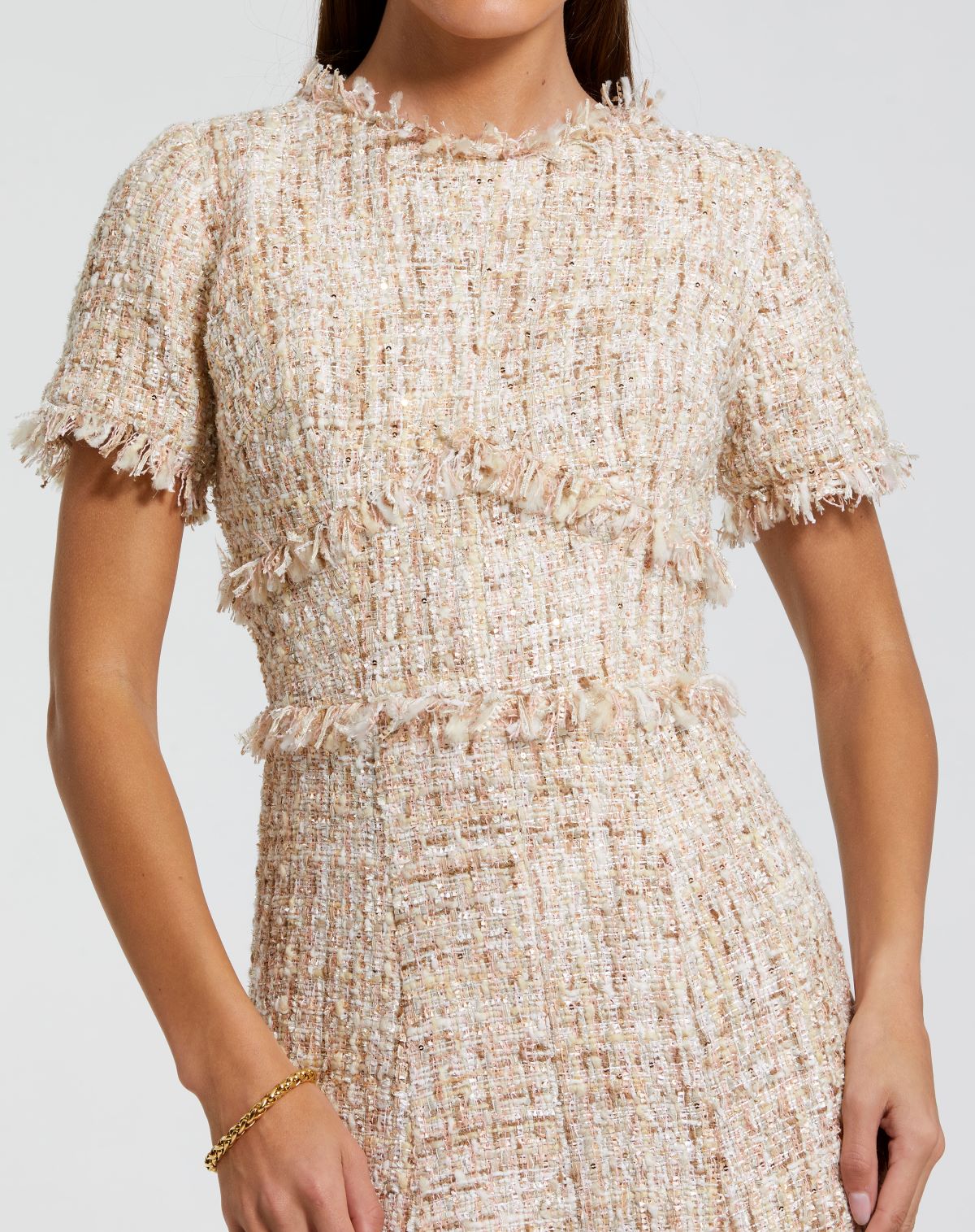Boucle Short Sleeve A Line Midi Dress In Light Pink