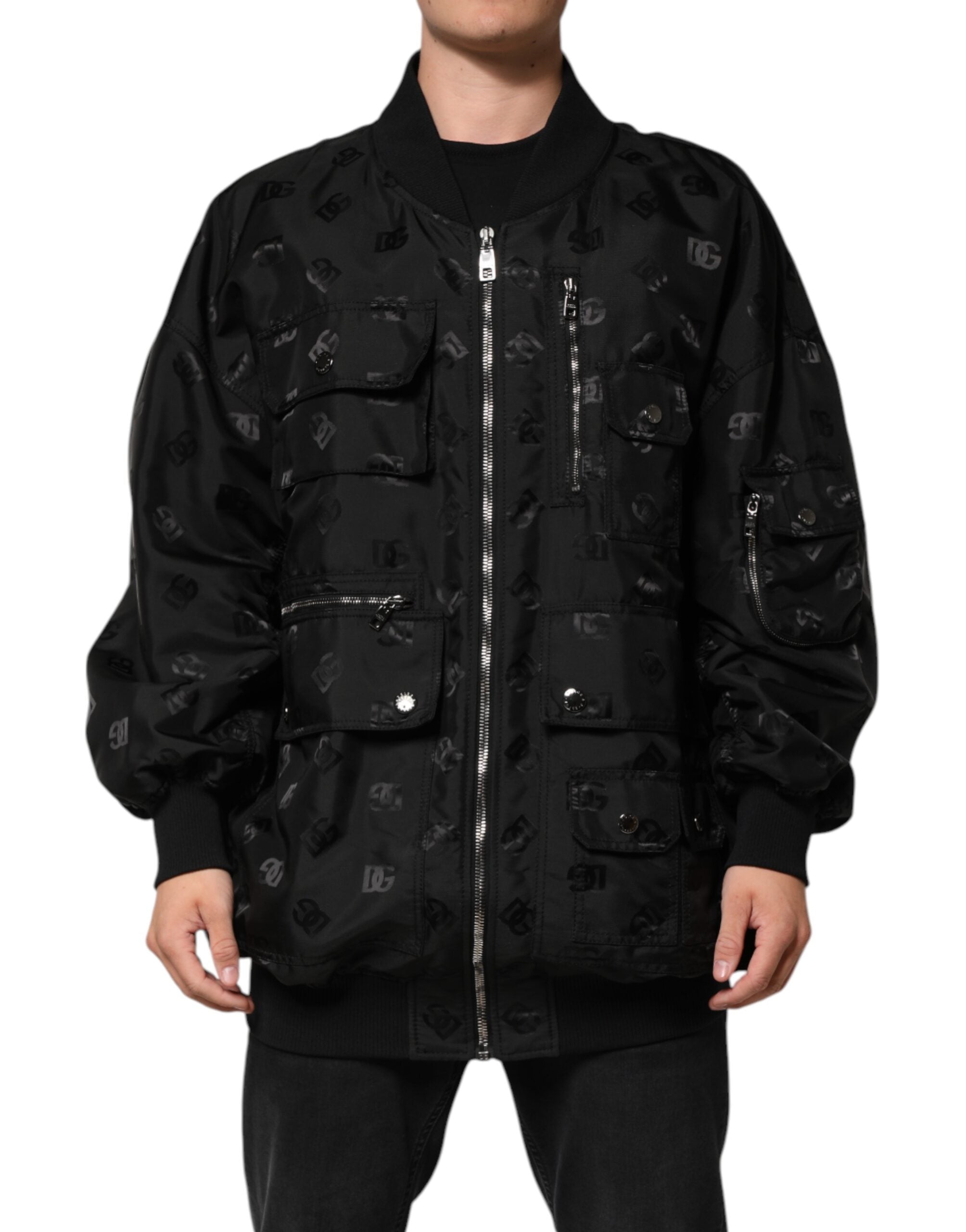 Logo-Jacquard Cargo Windbreaker Jacket — Black