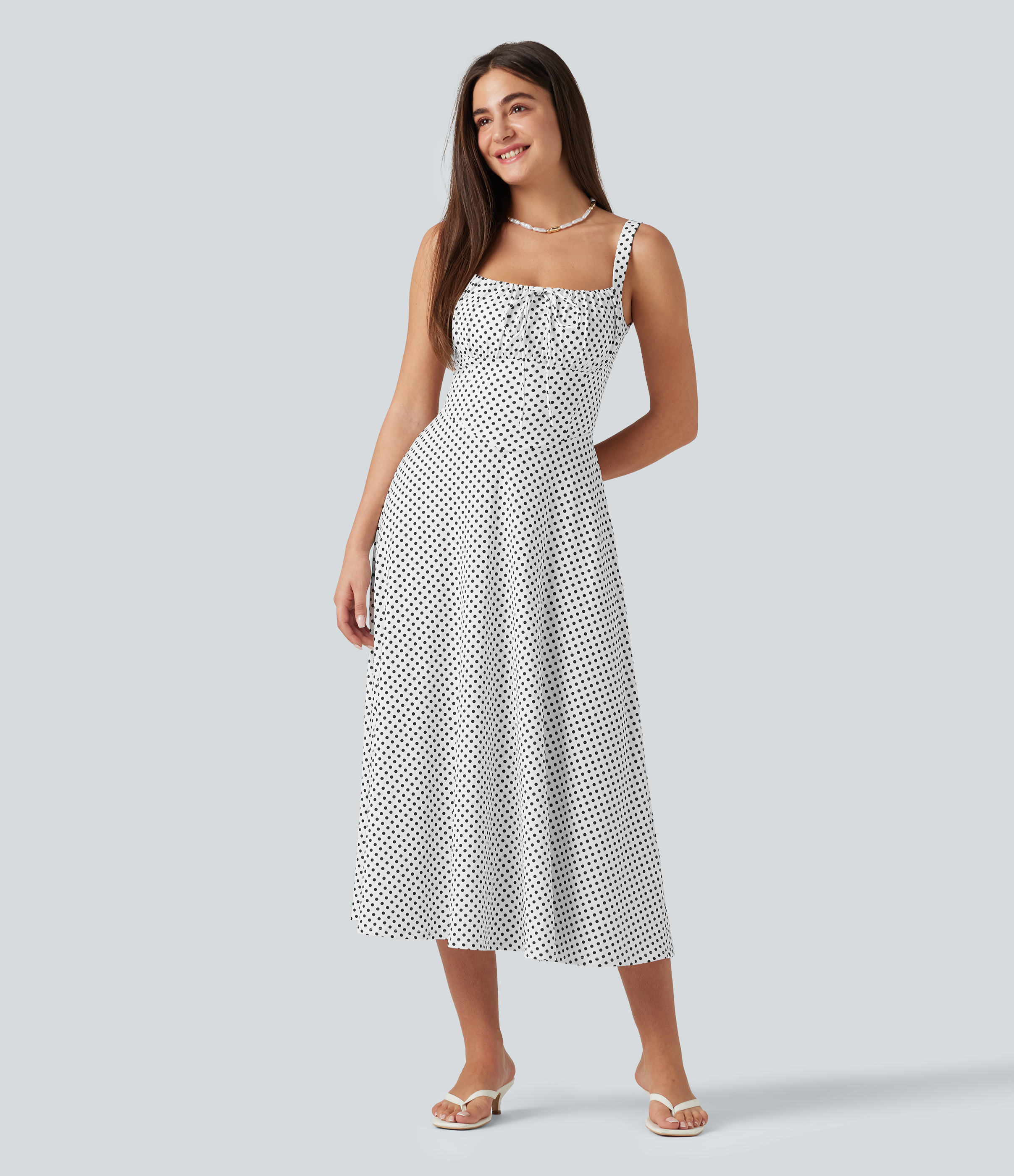 Crisscross Backless Square Neck Sleeveless Ruched Polka Dot Built-in Bra Midi Resort Flowy Dress Casual Dress - Snow Dots