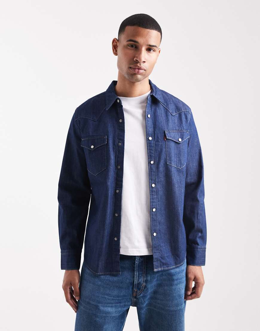 Barstow western standard fit denim shirt in dark wash-Navy