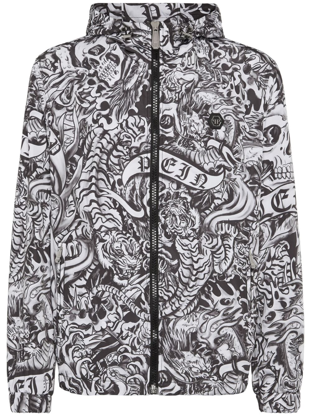 Tattoo-print hooded windbreaker jacket - Black
