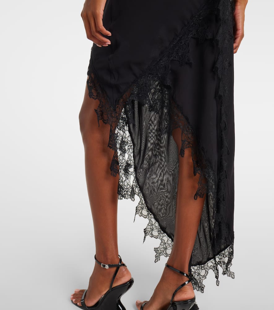 Asymmetric lace-trimmed midi dress