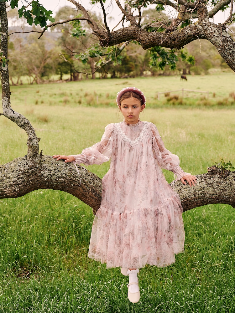 Lace-trimmed floral tulle dress