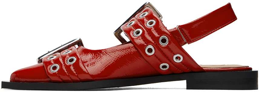 GANNI Red Wide Welt Buckle Ballerina Flats