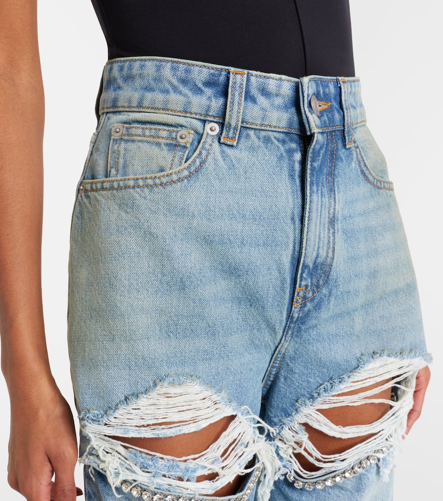Distressed embellished wide-leg jeans