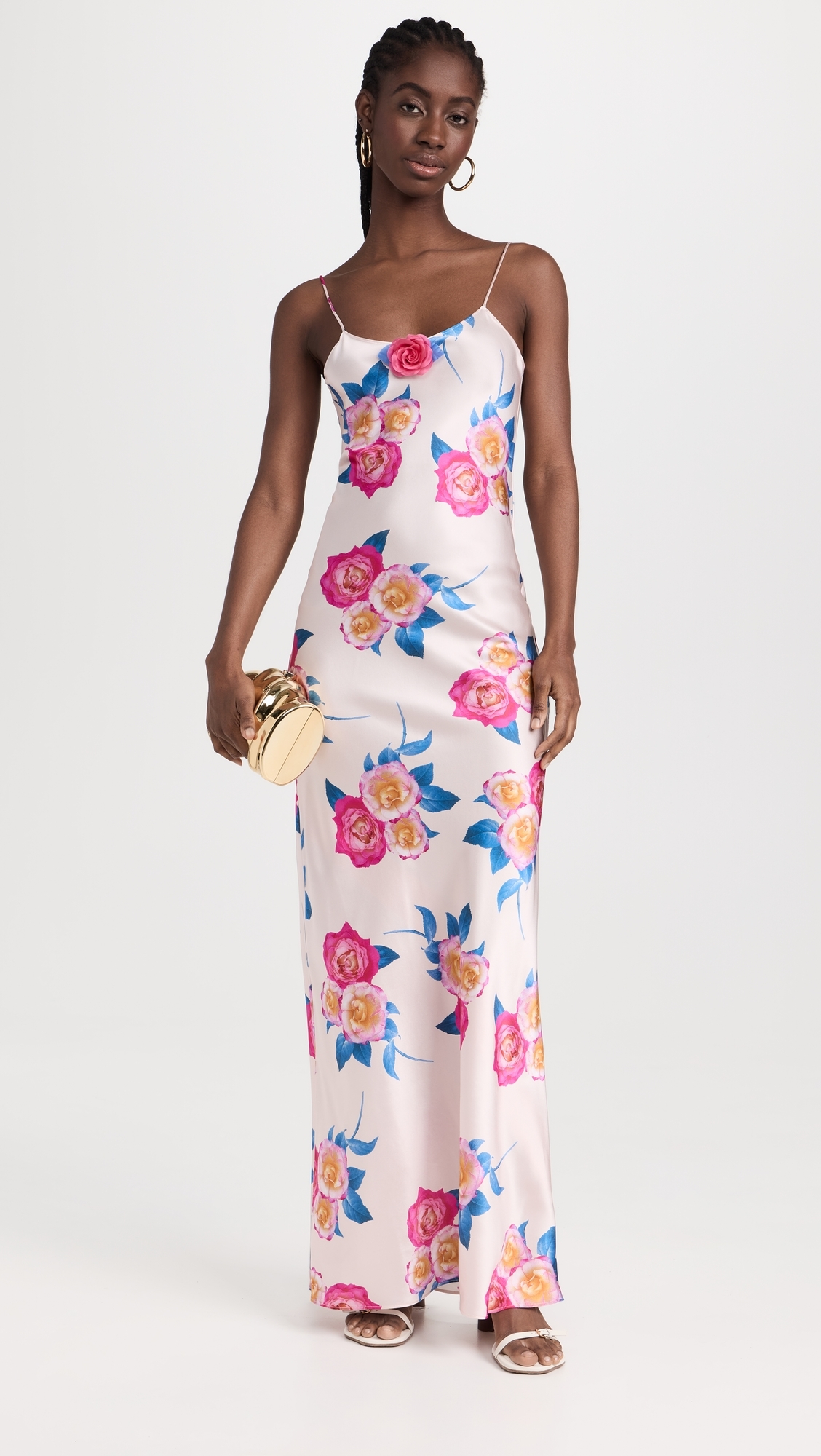 Pink and Blue Rose Printed Silk Bias Long Slip Dress Pink