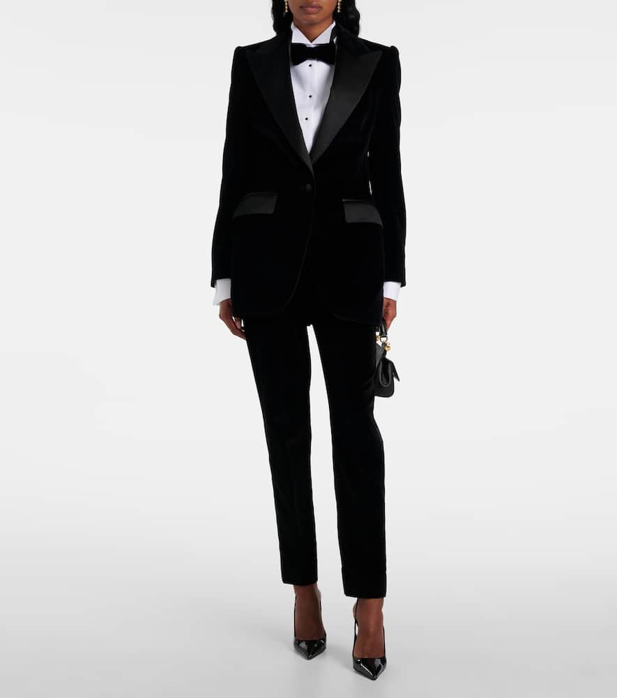 High-rise cotton-blend velvet tuxedo pants