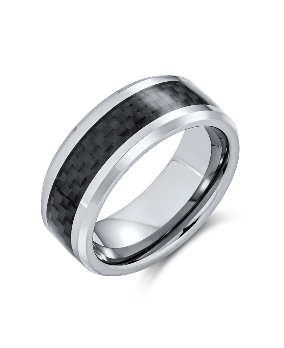 Geometric Pattern Carbon Fiber Inlay Couples Titanium Band Rings Comfort Fit 8MM - Silver black