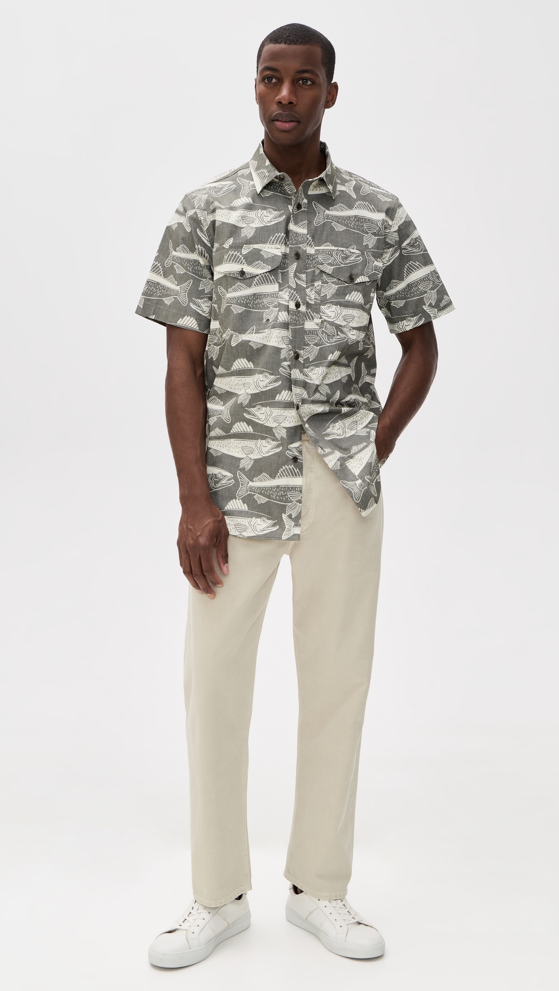 Twin Lakes Short Sleeve Sport Shirt Beluga/Bold Fish Print